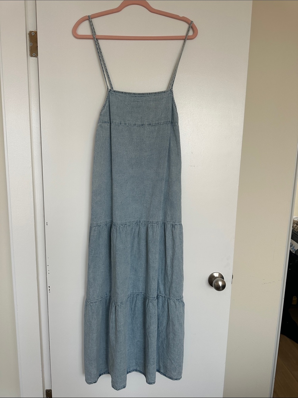 Mango Light Blue Denim Tiered Maxi Dress with Spaghetti Straps